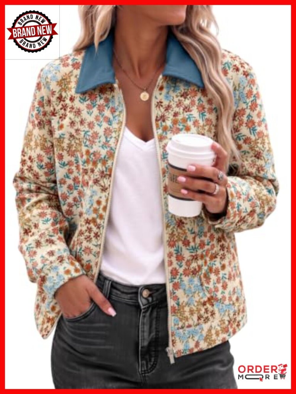 Women's Floral Jacquard Zip Up Casual Jacket Loose Fit Fall Winter Coat